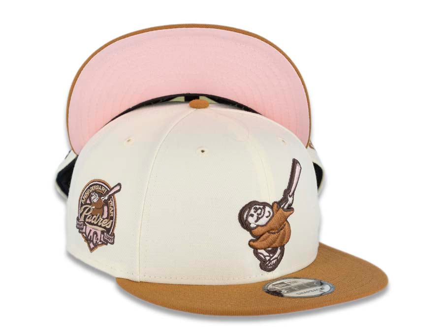 San Diego Padres New Era MLB 9FIFTY 950 Snapback Cap Hat Cream Crown Light Brown Visor Brown/Pink Swinging Friar Logo 40th Anniversary Side Patch