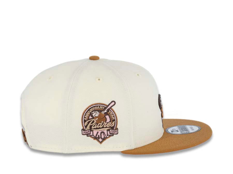 San Diego Padres New Era MLB 9FIFTY 950 Snapback Cap Hat Cream Crown Light Brown Visor Brown/Pink Swinging Friar Logo 40th Anniversary Side Patch