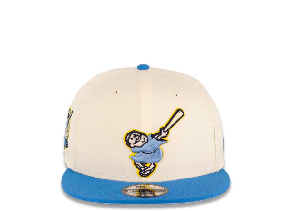 San Diego Padres New Era MLB 9FIFTY 950 Snapback Cap Hat Cream Crown Blue Visor Sky Blue/Light Yellow Swinging Friar Logo 40th Anniversary Side Patch