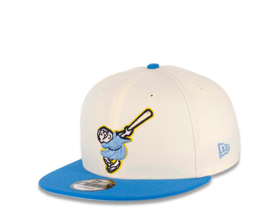 San Diego Padres New Era MLB 9FIFTY 950 Snapback Cap Hat Cream Crown Blue Visor Sky Blue/Light Yellow Swinging Friar Logo 40th Anniversary Side Patch