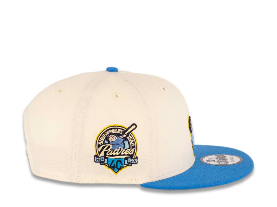 San Diego Padres New Era MLB 9FIFTY 950 Snapback Cap Hat Cream Crown Blue Visor Sky Blue/Light Yellow Swinging Friar Logo 40th Anniversary Side Patch