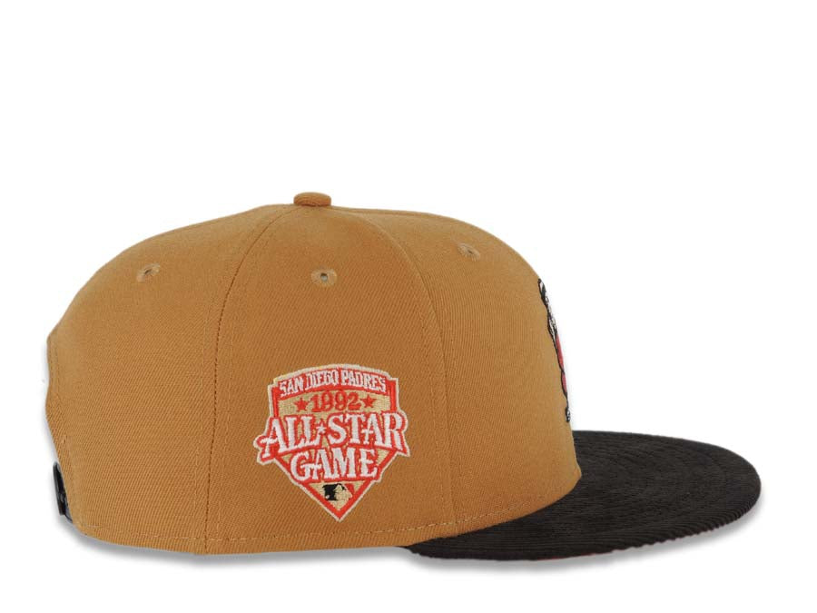 (Corduroy Visor) San Diego Padres New Era MLB 9FIFTY 950 Snapback Cap Hat Brown Crown Black Visor Batting Friar Logo 1992 All-Star Game Side Patch