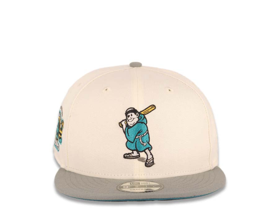 San Diego Padres New Era MLB 9FIFTY 950 Snapback Cap Hat Cream Crown Gray Visor Teal/Gold Batting Friar Logo Stadium Side Patch Aqua UV