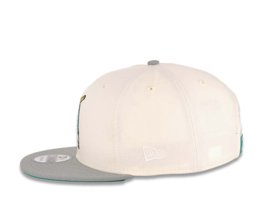 San Diego Padres New Era MLB 9FIFTY 950 Snapback Cap Hat Cream Crown Gray Visor Teal/Gold Batting Friar Logo Stadium Side Patch Aqua UV