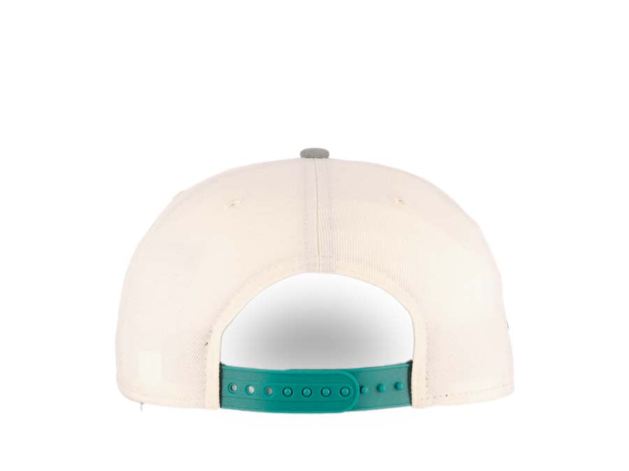 San Diego Padres New Era MLB 9FIFTY 950 Snapback Cap Hat Cream Crown Gray Visor Teal/Gold Batting Friar Logo Stadium Side Patch Aqua UV