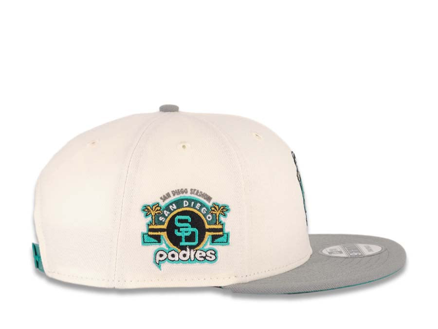 San Diego Padres New Era MLB 9FIFTY 950 Snapback Cap Hat Cream Crown Gray Visor Teal/Gold Batting Friar Logo Stadium Side Patch Aqua UV