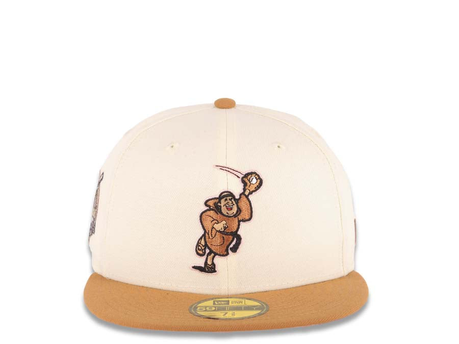San Diego Padres New Era MLB 59FIFTY 5950 Fitted Cap Hat Cream Crown Light Brown Visor Brown/Pink Catching Friar Logo 40th Anniversary Side Patch