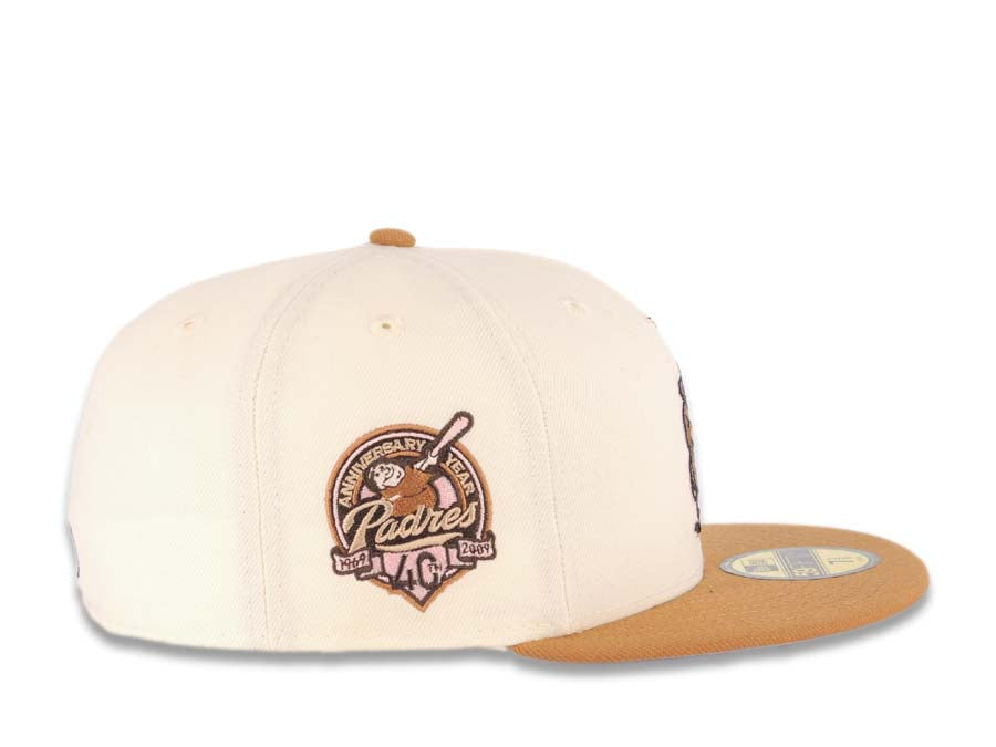 San Diego Padres New Era MLB 59FIFTY 5950 Fitted Cap Hat Cream Crown Light Brown Visor Brown/Pink Catching Friar Logo 40th Anniversary Side Patch