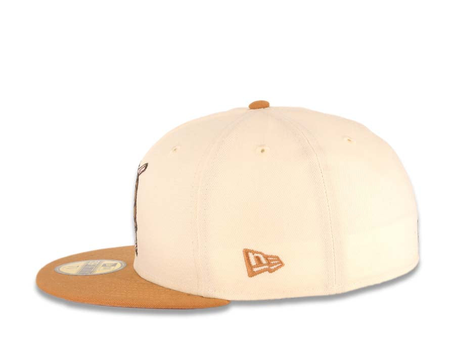 San Diego Padres New Era MLB 59FIFTY 5950 Fitted Cap Hat Cream Crown Light Brown Visor Brown Batting Friar Logo 40th Anniversary Side Patch Pink UV
