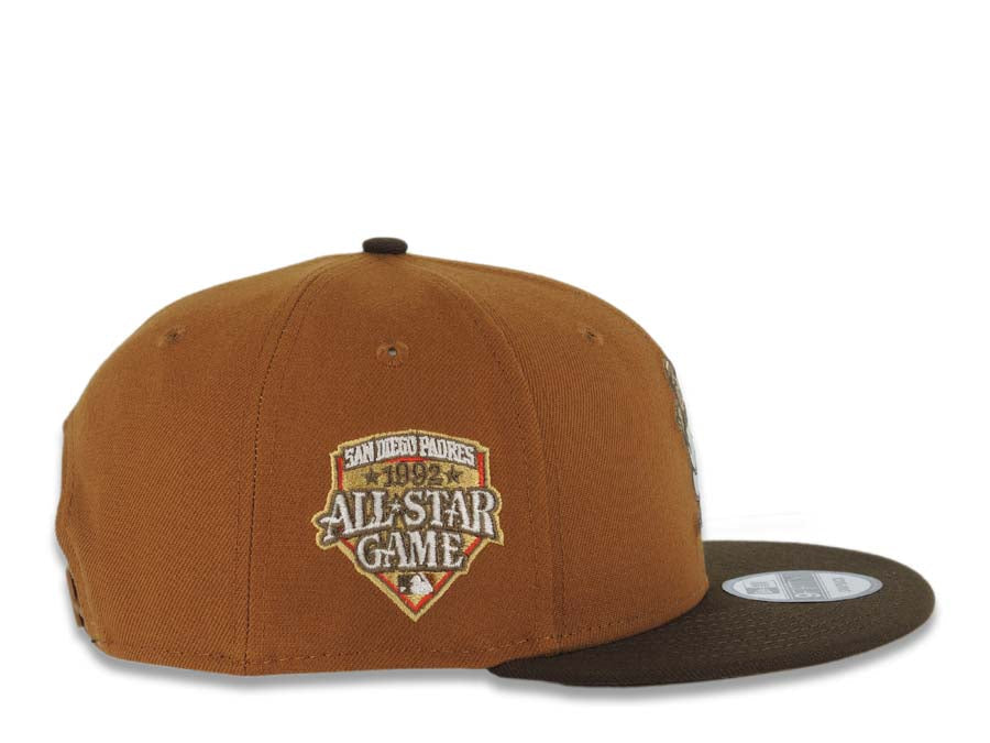 San Diego Padres New Era MLB 9FIFTY 950 Snapback Cap Hat Tan Crown Brown Visor Cream/Brown Batting Friar Logo 1992 All-Star Game Side Patch Khaki UV