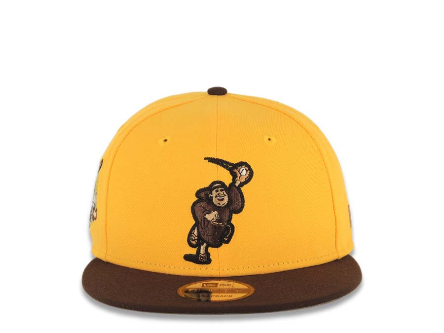 San Diego Padres New Era MLB 9FIFTY 950 Snapback Cap Hat Yellow Crown Dark Brown Visor Brown Catching Friar Logo 40th Anniversary Side Patch Gray UV