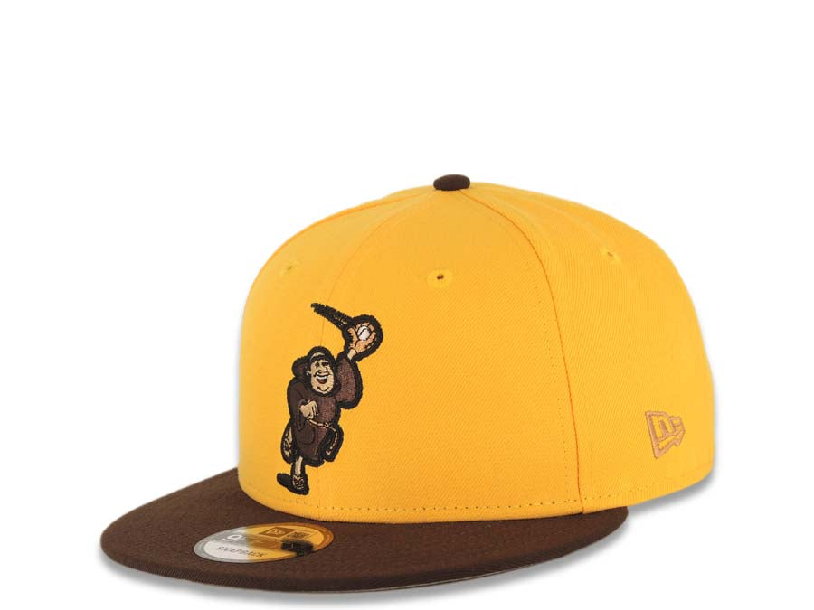 San Diego Padres New Era MLB 9FIFTY 950 Snapback Cap Hat Yellow Crown Dark Brown Visor Brown Catching Friar Logo 40th Anniversary Side Patch Gray UV