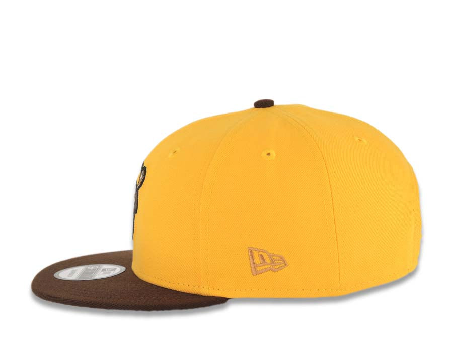 San Diego Padres New Era MLB 9FIFTY 950 Snapback Cap Hat Yellow Crown Dark Brown Visor Brown Catching Friar Logo 40th Anniversary Side Patch Gray UV