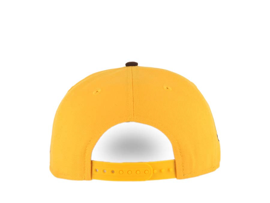 San Diego Padres New Era MLB 9FIFTY 950 Snapback Cap Hat Yellow Crown Dark Brown Visor Brown Catching Friar Logo 40th Anniversary Side Patch Gray UV