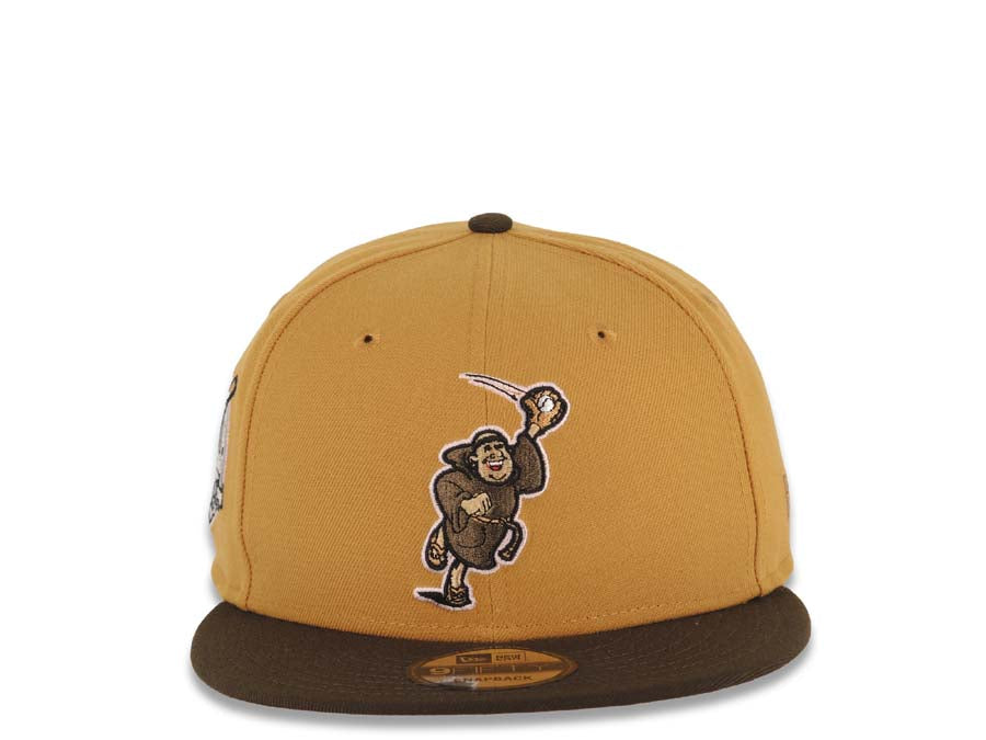 San Diego Padres New Era MLB 9FIFTY 950 Snapback Cap Hat Tan Crown Brown Visor Brown Catching Friar Logo 40th Anniversary Side Patch Pink UV