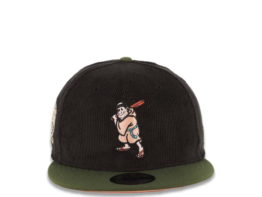 (Corduroy Crown) San Diego Padres New Era MLB 9FIFTY 950 Snapback Cap Hat Black Crown Olive Visor Peach Batting Friar Logo 25th Anniversary Side Patch
