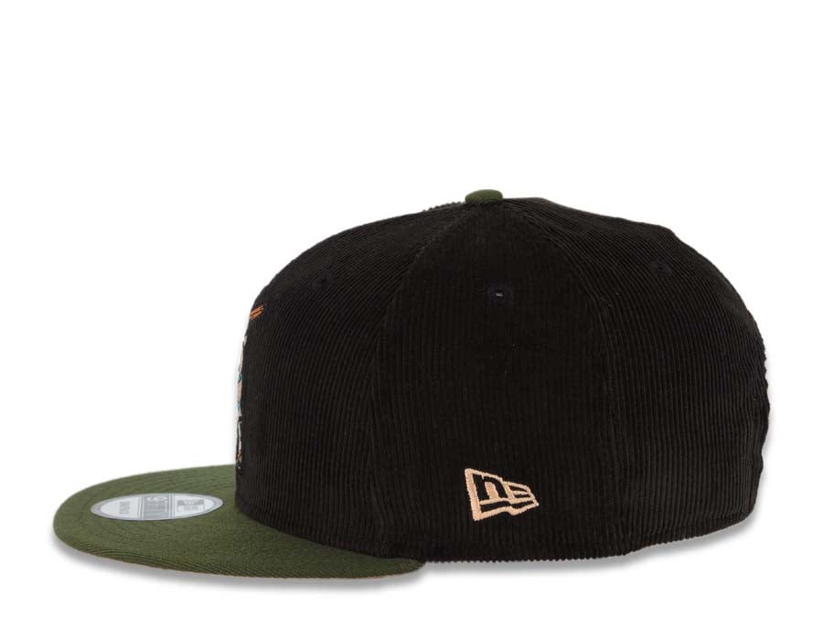 (Corduroy Crown) San Diego Padres New Era MLB 9FIFTY 950 Snapback Cap Hat Black Crown Olive Visor Peach Batting Friar Logo 25th Anniversary Side Patch