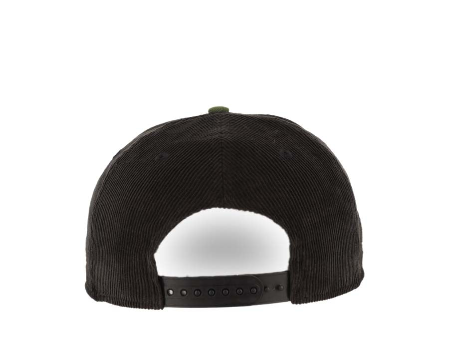 (Corduroy Crown) San Diego Padres New Era MLB 9FIFTY 950 Snapback Cap Hat Black Crown Olive Visor Peach Batting Friar Logo 25th Anniversary Side Patch