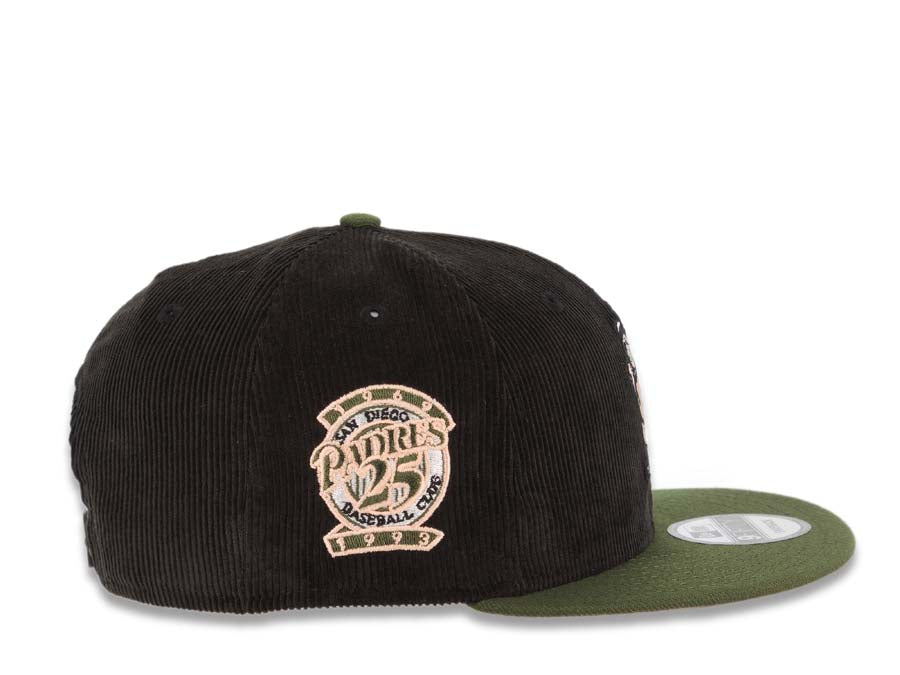 (Corduroy Crown) San Diego Padres New Era MLB 9FIFTY 950 Snapback Cap Hat Black Crown Olive Visor Peach Batting Friar Logo 25th Anniversary Side Patch