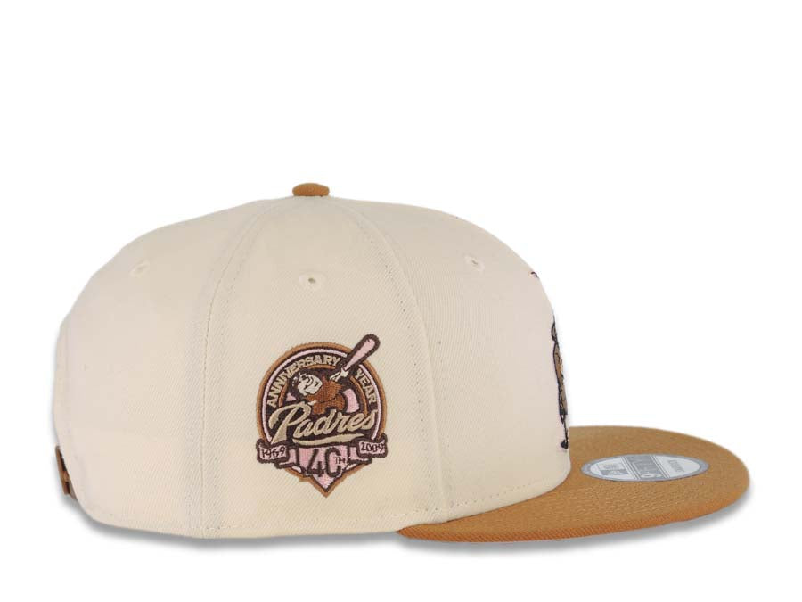 San Diego Padres New Era MLB 9FIFTY 950 Snapback Cap Hat Cream Crown Light Brown Visor Brown/Pink Catching Friar Logo 40th Anniversary Side Patch