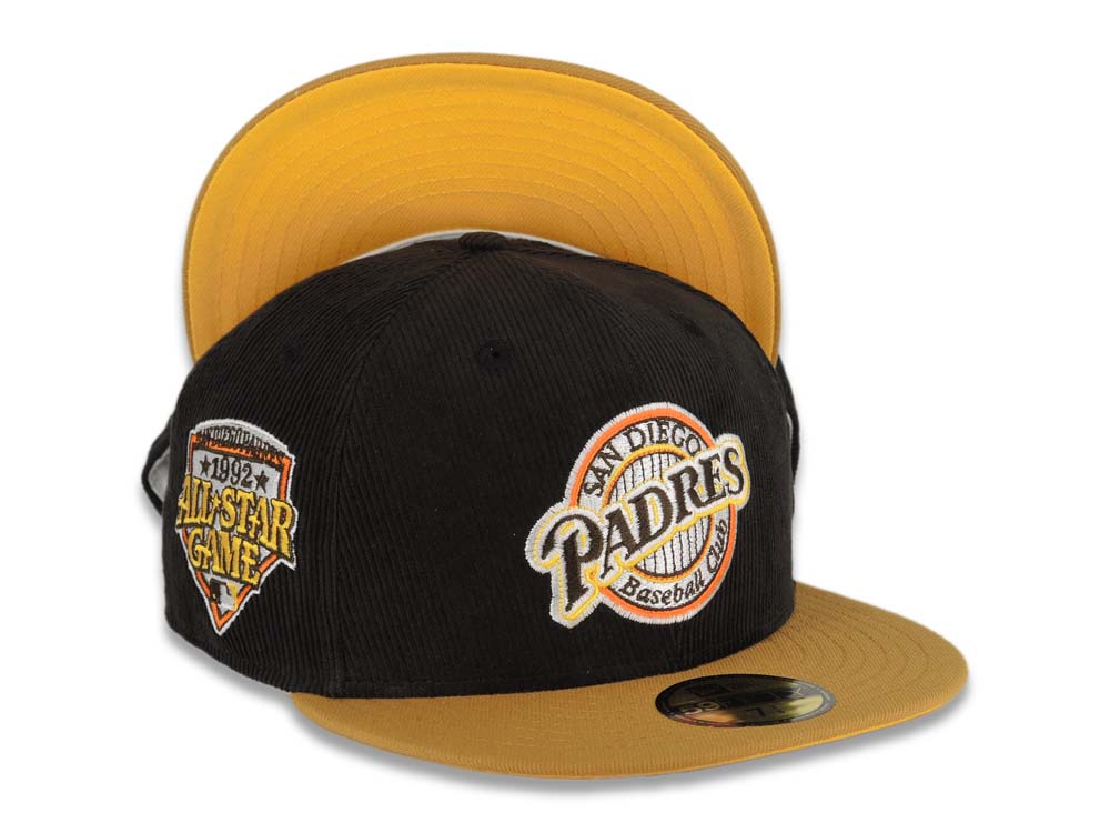 (Corduroy Crown) San Diego Padres New Era MLB 59FIFTY 5950 Fitted Cap Hat Black Crown Tan Visor Brown Baseball Club Logo 1992 All-Star Game Side Patch