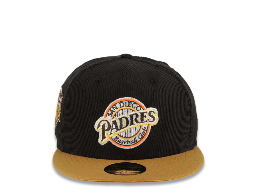 (Corduroy Crown) San Diego Padres New Era MLB 59FIFTY 5950 Fitted Cap Hat Black Crown Tan Visor Brown Baseball Club Logo 1992 All-Star Game Side Patch