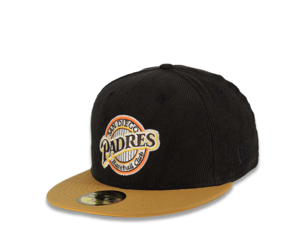 (Corduroy Crown) San Diego Padres New Era MLB 59FIFTY 5950 Fitted Cap Hat Black Crown Tan Visor Brown Baseball Club Logo 1992 All-Star Game Side Patch