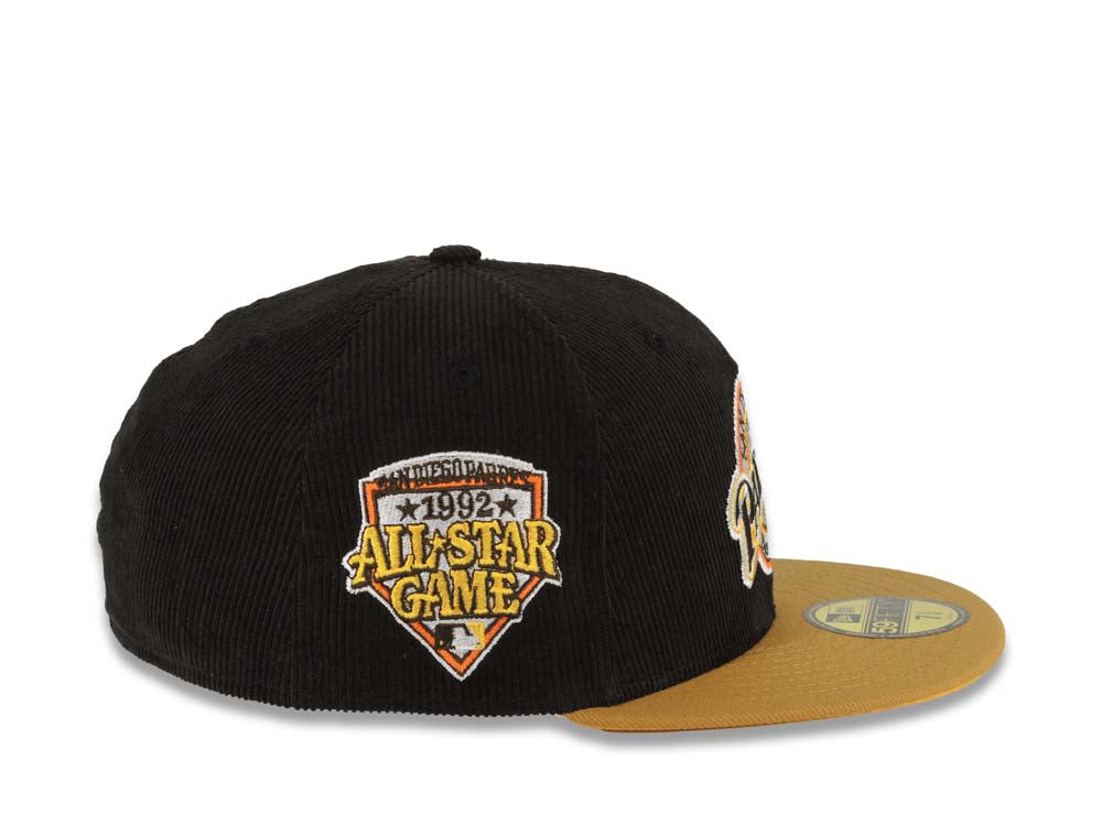 (Corduroy Crown) San Diego Padres New Era MLB 59FIFTY 5950 Fitted Cap Hat Black Crown Tan Visor Brown Baseball Club Logo 1992 All-Star Game Side Patch