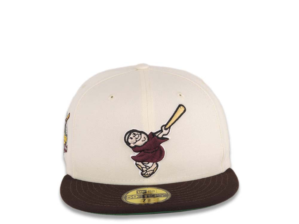 San Diego Padres New Era MLB 59FIFTY 5950 Fitted Cap Hat Cream Crown Dark Brown Visor Maroon/Yellow Swinging Friar Logo 40th Anniversary Side Patch