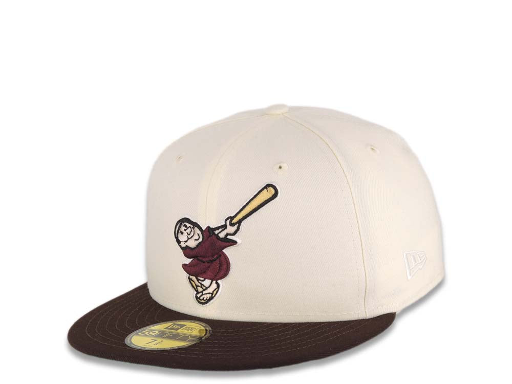 San Diego Padres New Era MLB 59FIFTY 5950 Fitted Cap Hat Cream Crown Dark Brown Visor Maroon/Yellow Swinging Friar Logo 40th Anniversary Side Patch