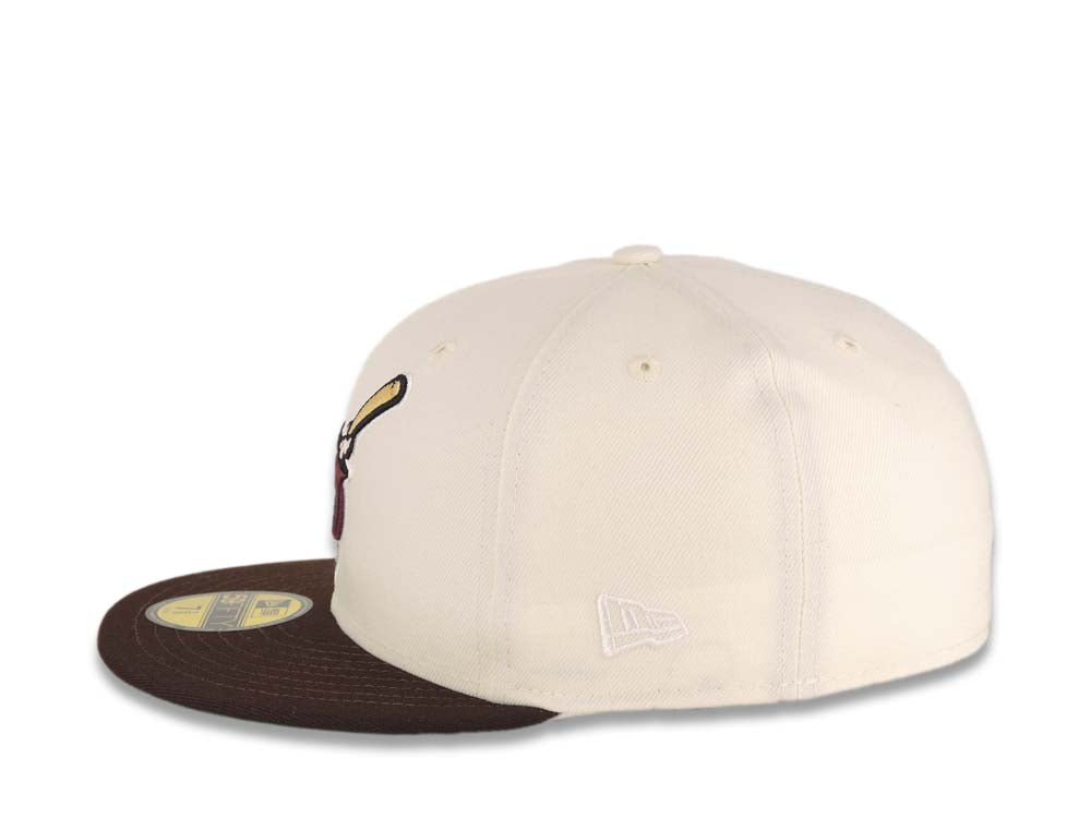 San Diego Padres New Era MLB 59FIFTY 5950 Fitted Cap Hat Cream Crown Dark Brown Visor Maroon/Yellow Swinging Friar Logo 40th Anniversary Side Patch