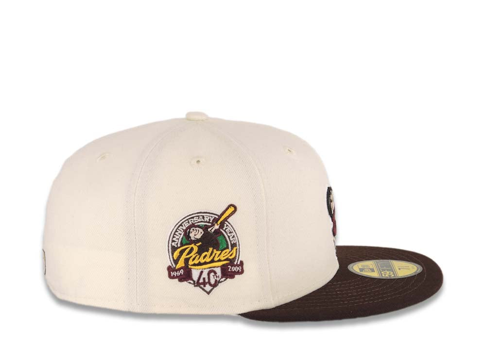 San Diego Padres New Era MLB 59FIFTY 5950 Fitted Cap Hat Cream Crown Dark Brown Visor Maroon/Yellow Swinging Friar Logo 40th Anniversary Side Patch