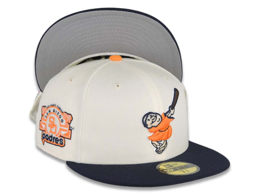 San Diego Padres New Era MLB 59FIFTY 5950 Fitted Cap Hat Cream Crown Navy Visor Light Orange/Brown Swinging Friar Logo Stadium Side Patch Gray UV