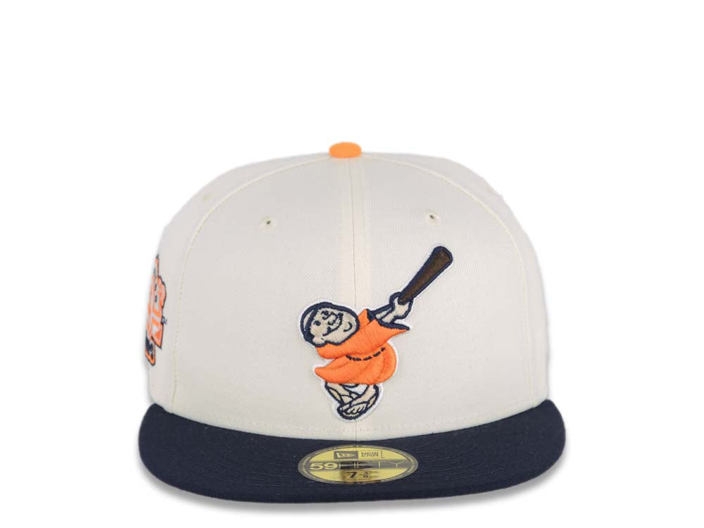 San Diego Padres New Era MLB 59FIFTY 5950 Fitted Cap Hat Cream Crown Navy Visor Light Orange/Brown Swinging Friar Logo Stadium Side Patch Gray UV
