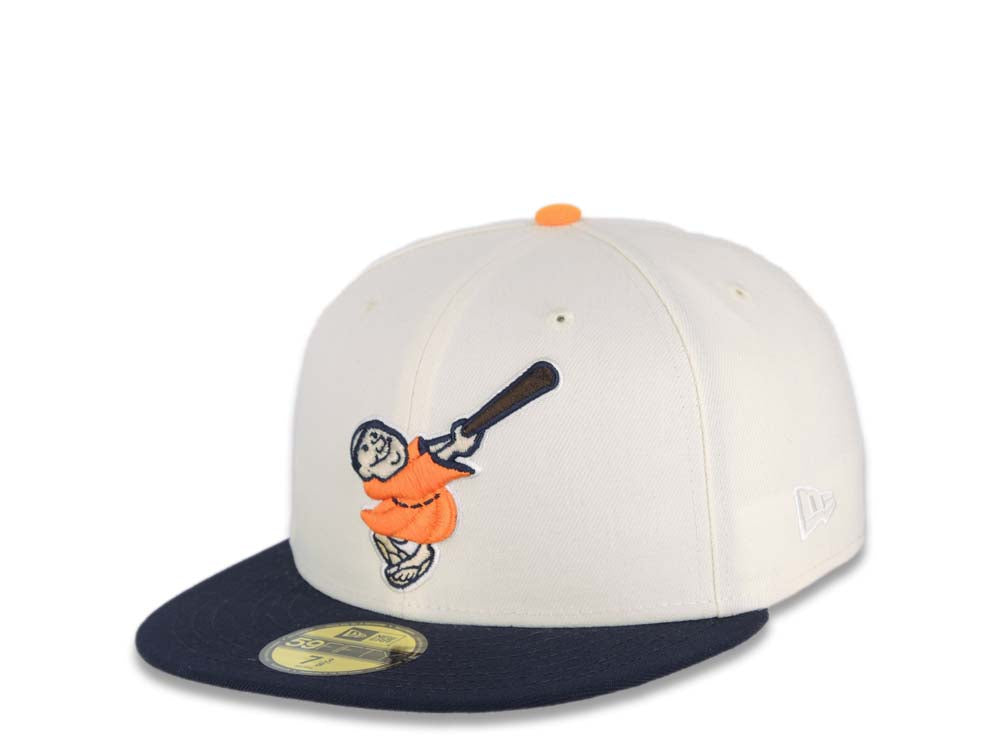 San Diego Padres New Era MLB 59FIFTY 5950 Fitted Cap Hat Cream Crown Navy Visor Light Orange/Brown Swinging Friar Logo Stadium Side Patch Gray UV