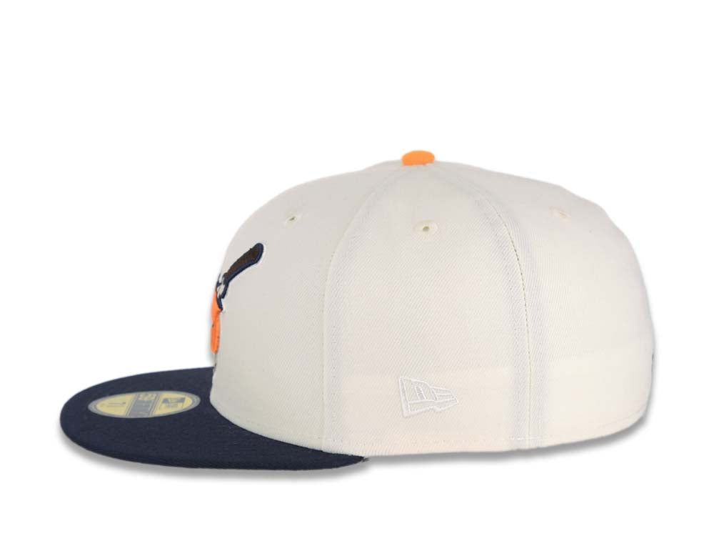 San Diego Padres New Era MLB 59FIFTY 5950 Fitted Cap Hat Cream Crown Navy Visor Light Orange/Brown Swinging Friar Logo Stadium Side Patch Gray UV