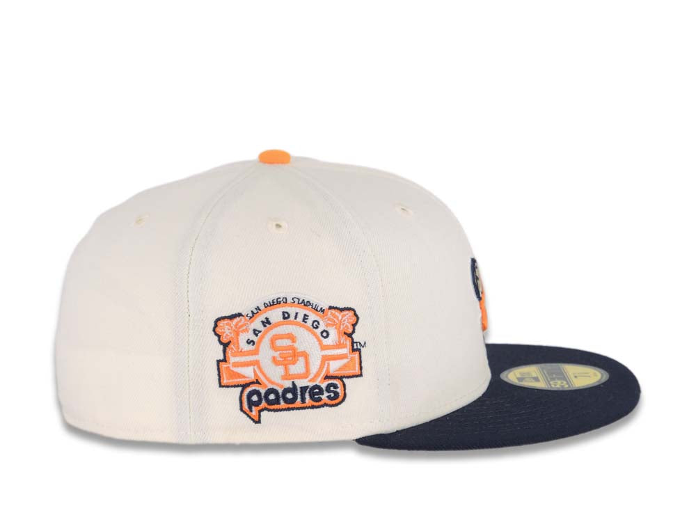 San Diego Padres New Era MLB 59FIFTY 5950 Fitted Cap Hat Cream Crown Navy Visor Light Orange/Brown Swinging Friar Logo Stadium Side Patch Gray UV