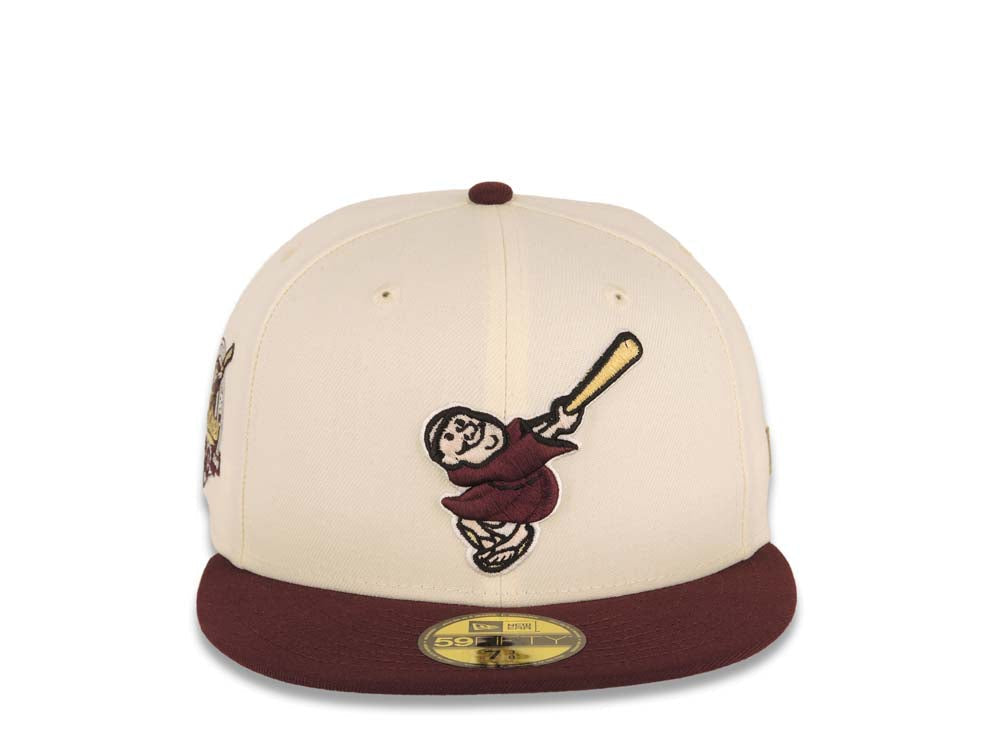 San Diego Padres New Era MLB 59FIFTY 5950 Fitted Cap Hat Cream Crown Maroon Visor Maroon/Metallic Gold Swinging Friar Logo 40th Anniversary Side Patch