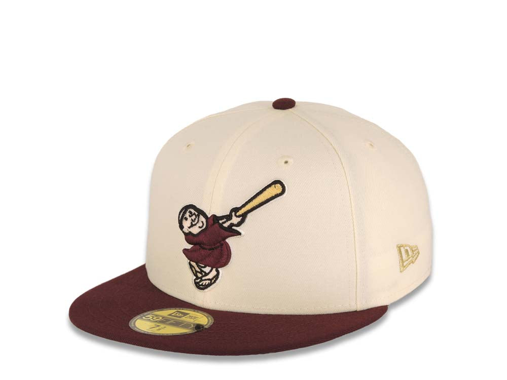 San Diego Padres New Era MLB 59FIFTY 5950 Fitted Cap Hat Cream Crown Maroon Visor Maroon/Metallic Gold Swinging Friar Logo 40th Anniversary Side Patch