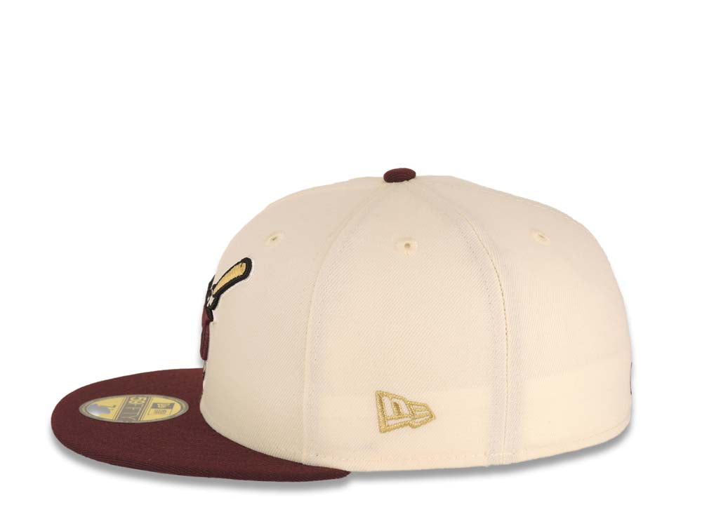 San Diego Padres New Era MLB 59FIFTY 5950 Fitted Cap Hat Cream Crown Maroon Visor Maroon/Metallic Gold Swinging Friar Logo 40th Anniversary Side Patch