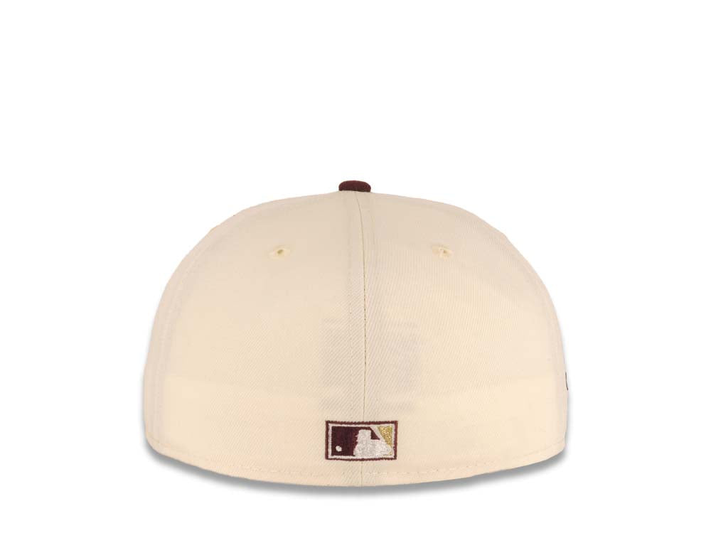 San Diego Padres New Era MLB 59FIFTY 5950 Fitted Cap Hat Cream Crown Maroon Visor Maroon/Metallic Gold Swinging Friar Logo 40th Anniversary Side Patch