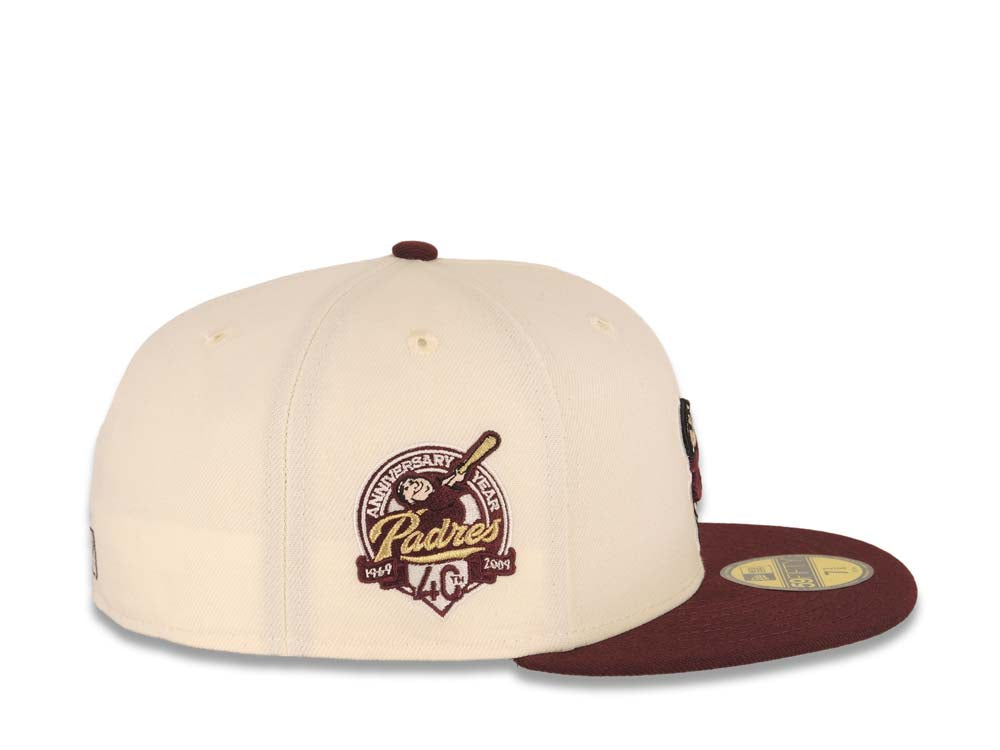 San Diego Padres New Era MLB 59FIFTY 5950 Fitted Cap Hat Cream Crown Maroon Visor Maroon/Metallic Gold Swinging Friar Logo 40th Anniversary Side Patch