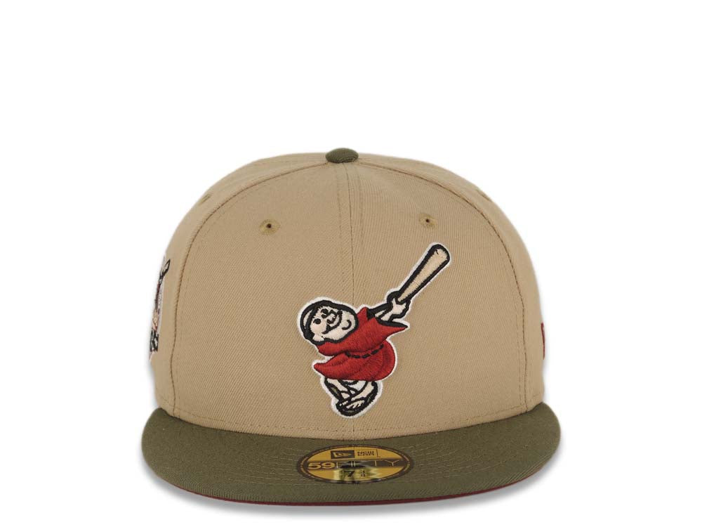 San Diego Padres New Era MLB 59FIFTY 5950 Fitted Cap Hat Khaki Crown Olive Visor Cardinal/Khaki Swinging Friar Logo 40th Anniversary Side Patch