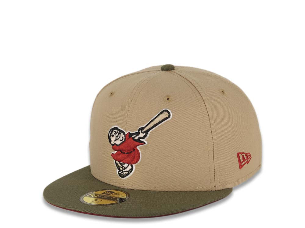 San Diego Padres New Era MLB 59FIFTY 5950 Fitted Cap Hat Khaki Crown Olive Visor Cardinal/Khaki Swinging Friar Logo 40th Anniversary Side Patch