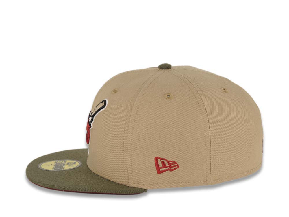 San Diego Padres New Era MLB 59FIFTY 5950 Fitted Cap Hat Khaki Crown Olive Visor Cardinal/Khaki Swinging Friar Logo 40th Anniversary Side Patch