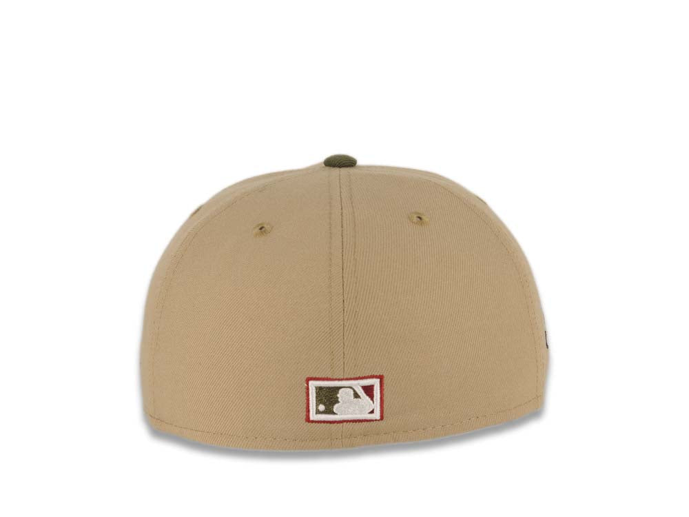 San Diego Padres New Era MLB 59FIFTY 5950 Fitted Cap Hat Khaki Crown Olive Visor Cardinal/Khaki Swinging Friar Logo 40th Anniversary Side Patch