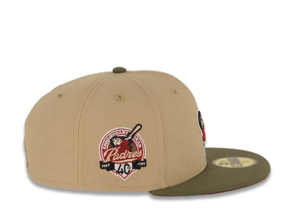 San Diego Padres New Era MLB 59FIFTY 5950 Fitted Cap Hat Khaki Crown Olive Visor Cardinal/Khaki Swinging Friar Logo 40th Anniversary Side Patch