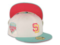 (City Connect Color) San Diego Padres New Era MLB 59FIFTY 5950 Fitted Cap Hat Cream Crown Teal Visor Magenta/Yellow Logo 1992 All-Star Game Side Patch