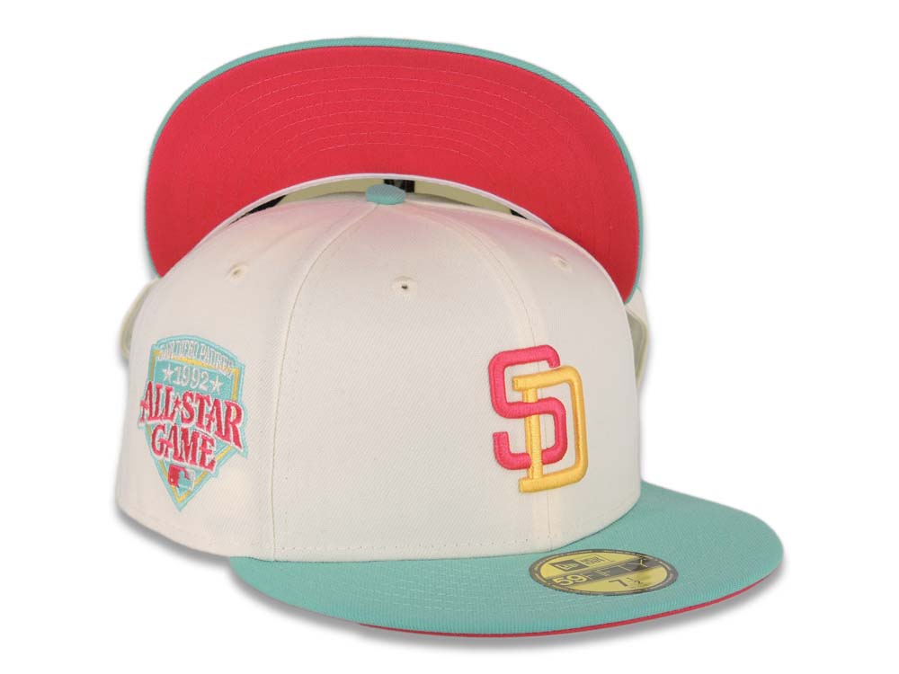 (City Connect Color) San Diego Padres New Era MLB 59FIFTY 5950 Fitted Cap Hat Cream Crown Teal Visor Magenta/Yellow Logo 1992 All-Star Game Side Patch