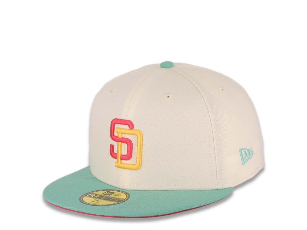 (City Connect Color) San Diego Padres New Era MLB 59FIFTY 5950 Fitted Cap Hat Cream Crown Teal Visor Magenta/Yellow Logo 1992 All-Star Game Side Patch